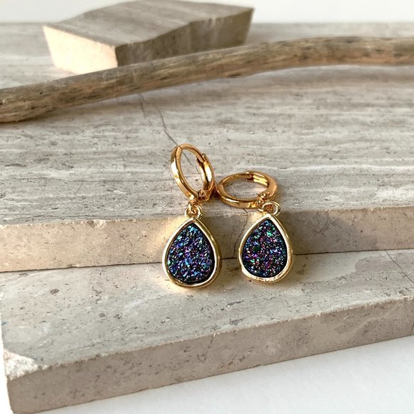 Purple Druzy Droplet Gold Huggie Earrings - Picture 2 of 6